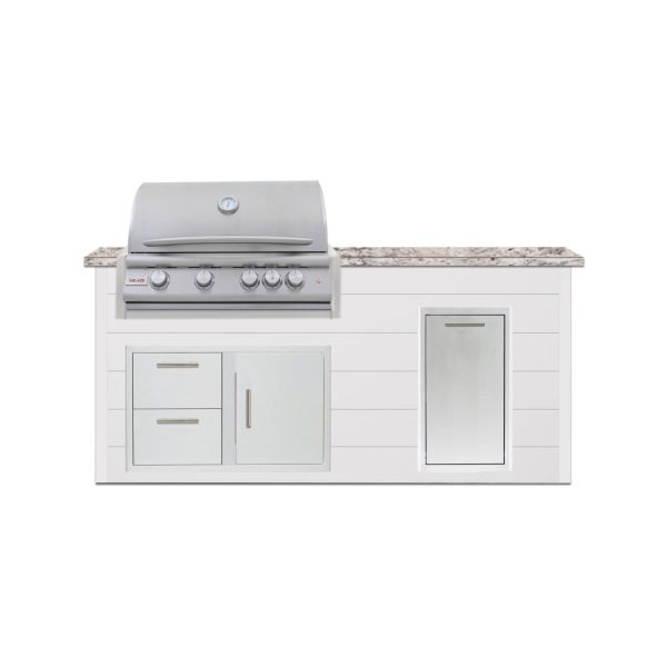 BBQGuys Signature 6 Ft Outdoor Kitchen Island w/ 32 Inch Propane Blaze LTE+ Grill & Narrow Trash Bin | Crystal White w/ White Granite