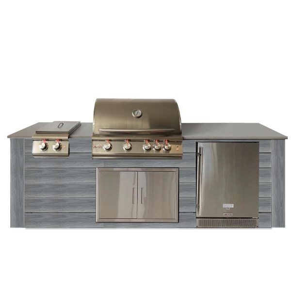 Pro-Fit 8-Foot Outdoor Kitchen Island W/ Blaze LTE 32-Inch Natural Gas Grill, Double Side Burner & Refrigerator - Driftwood Grey / Grigio Cemento Satin
