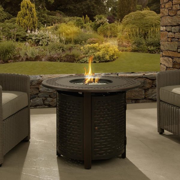 Welcome View 34 Inch Round Aluminum Propane Fire Pit Table in Antique Bronze by Ultimate Patio