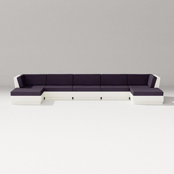 Elevate 7 Pc Recycled Plastic Double Chaise Seating Set in Vintage White/Navy Linen By PW Designer Series