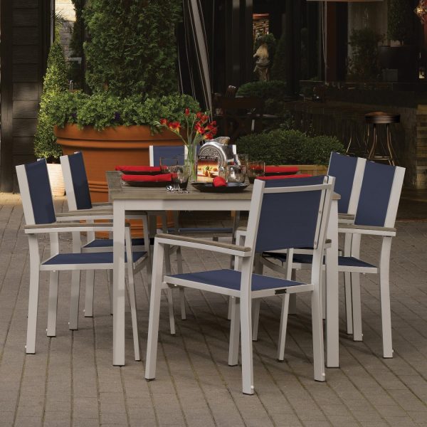 Oxford Garden Travira 7 Piece Flint Aluminum Patio Dining Set W/ Ink Pen Sling Armchairs & 63-Inch Rectangular Vintage Tekwood Table