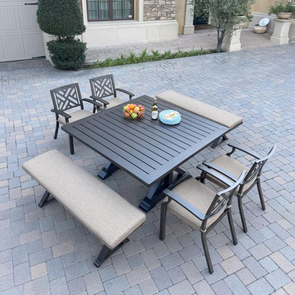 Brooklyn 7 Pc Aluminum Dining Set w/ 59 Inch Square Table in Multi Brown/Sesame by Darlee