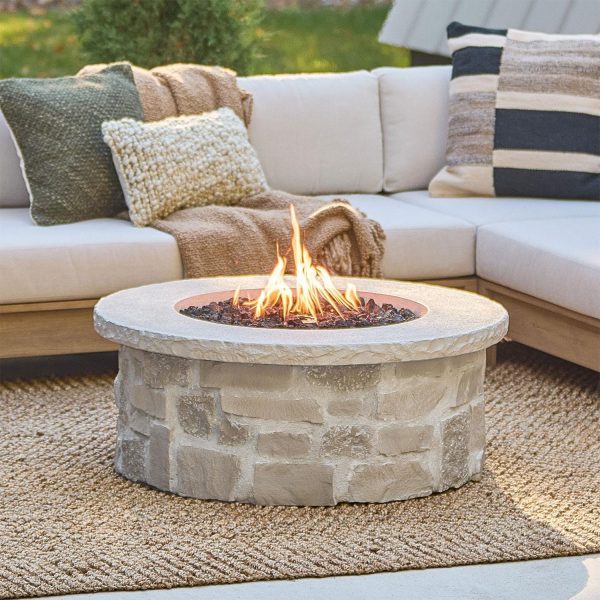Heritage 40 Inch Round Stone Propane Fire Pit Table in Beige by Lakeview Outdoor Designs