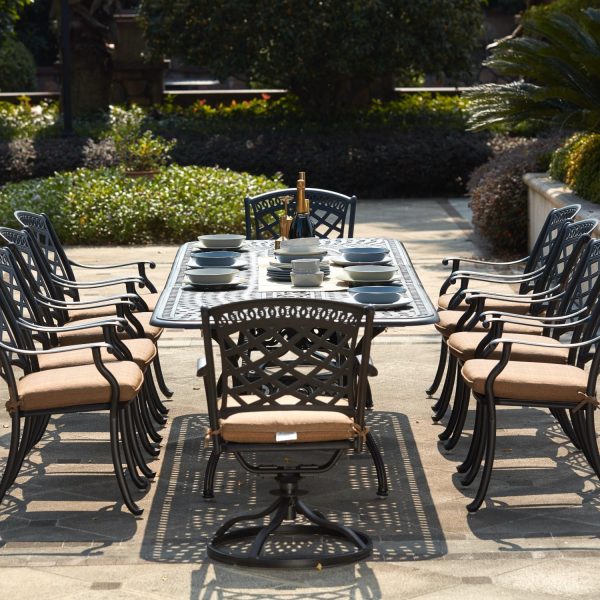 Sedona 11 Pc Cast Aluminum Dining Set w/ 92 X 42 Inch Series 60 Extension Table & 2 Swivel Rockers in Antique Bronze/Sesame by Darlee