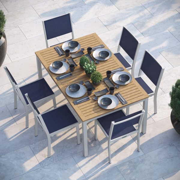 Travira 7 Pc Composite Sling & Aluminum Dining Set W/ Natural Tekwood in Flint/Ink Pen By Oxford Garden