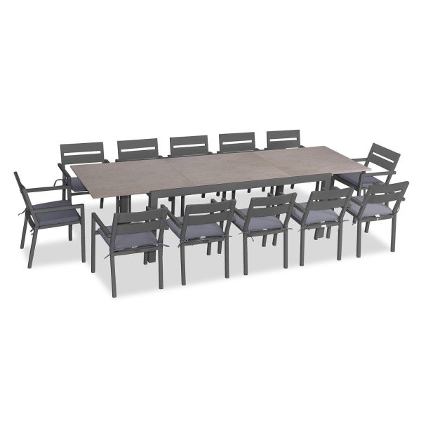 Calm Bay 13 Pc Extendable Aluminum Dining Set in Slate/Barnwood/Canvas Charcoal by Lakeview Outdoor Designs