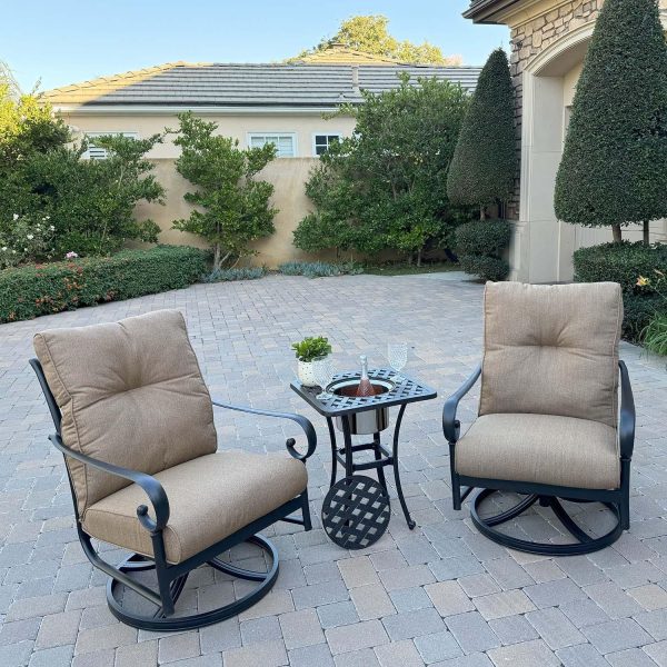 Santa Anita 3 Pc Cast Aluminum Bistro Set w/ 21 Inch Series 30 Ice Bucket End Table & & Swivel Rockers in Antique Bronze/Linen Sesame by Darlee