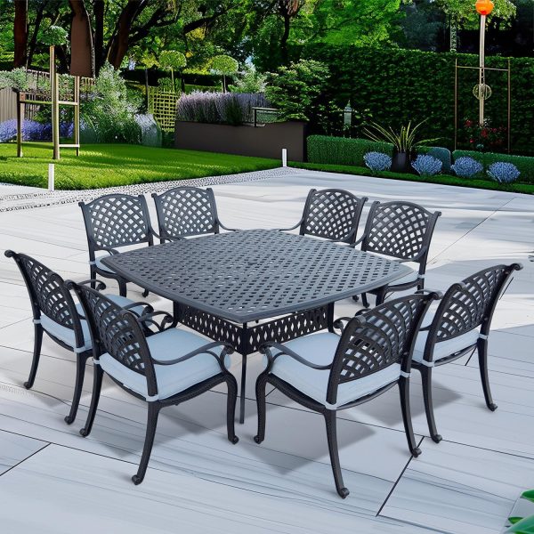 Nassau 9 Pc Cast Aluminum Dining Set w/ 64 Inch Square Series 30 Table in Antique Bronze/Sky Blue by Darlee