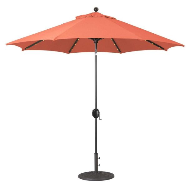 Galtech 9 Ft. Lighted LED Octagonal Aluminum Patio Market Umbrella W/ Crank Lift And Auto Tilt - Black Frame W/ Sunbrella Canvas Brick Canopy