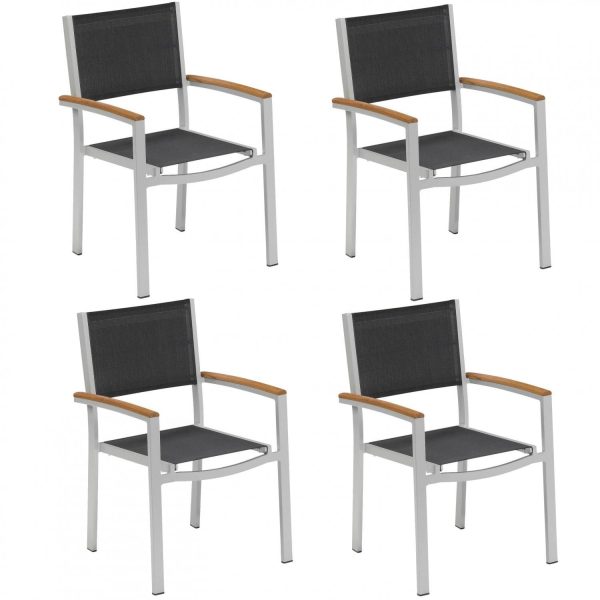 Travira 4 Piece Aluminum Dining Arm Chair Set W/ Black Sling & Tekwood Natural Arm Caps By Oxford Garden