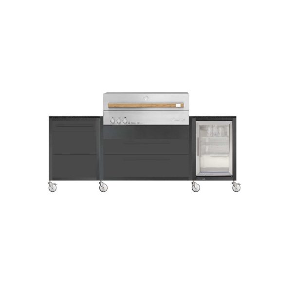 Burnout BBQ Modular Outdoor Kitchen Island on Casters w/ Flammkraft Model D Built-In Grill, Caso 2.2 Cu Ft Refrigerator, and Propane Pullout - Dawn