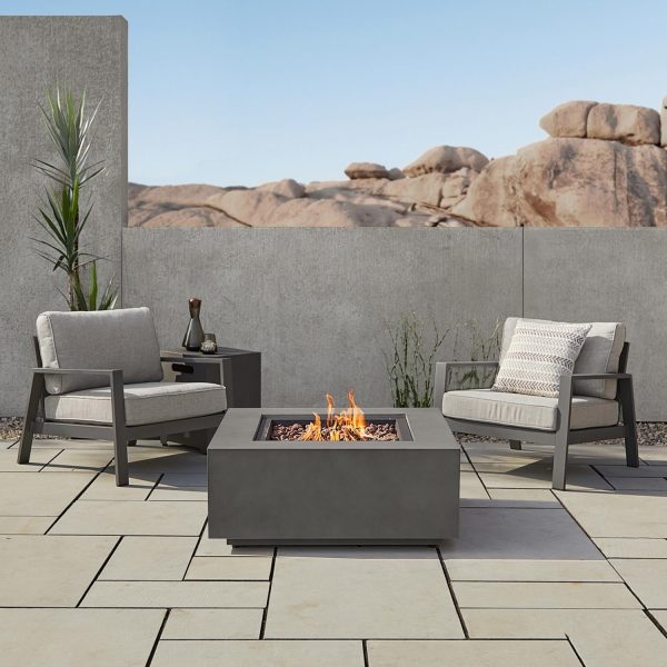 Elysian 4 Pc Powder Coated Steel Seating Set w/ 36 Inch Square Fire Pit in Weathered Slate by Lakeview Outdoor Designs