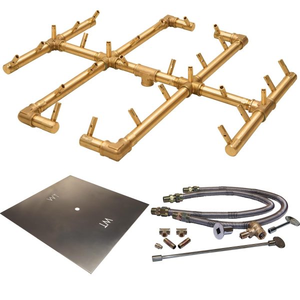 Warming Trends 36-Inch Square Natural Gas Fire Pit Burner Kit W/ 21.5-Inch Original CROSSFIRE Brass Burner - Match Light Ignition - CFB290NGALPL36SFK2