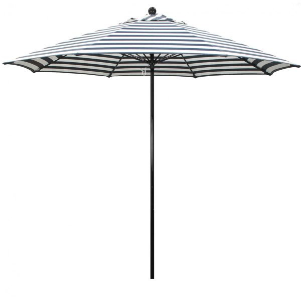 California Umbrella Oceanside Side 9 Ft Octagonal Fiberglass Patio Umbrella W/ Push Lift - Black Frame / Olefin Navy White Cabana Stripe Canopy