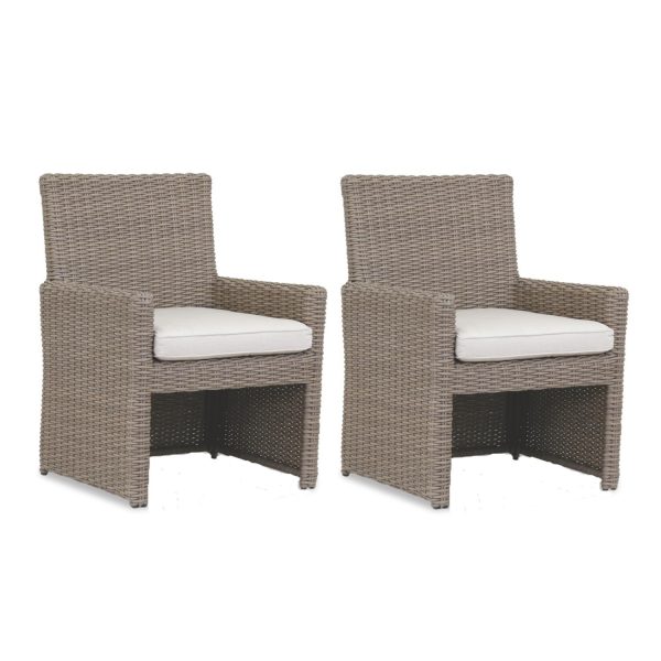 Coronado 2 Piece Wicker Patio Dining Arm Chair Set W/ Sunbrella  Canvas Flax Cushions By Sunset West