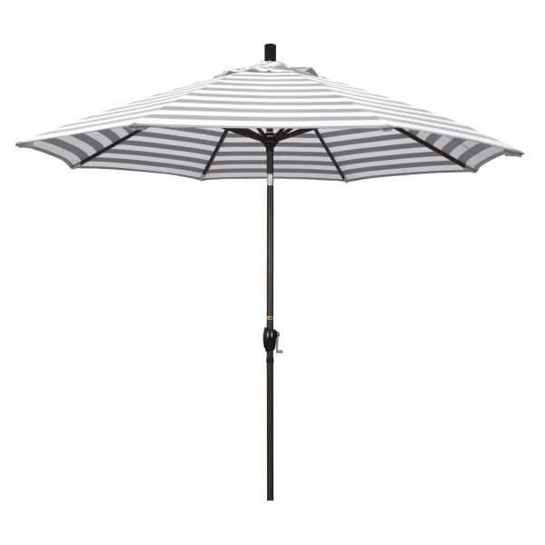 California Umbrella Pacific Trail Series 9 Ft Octagonal Aluminum Push Button Tilt Patio Umbrella W/ Crank Lift -  Bronze Frame / Olefin Gray White Cabana Stripe Canopy