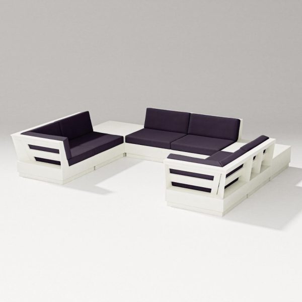 Elevate 8 Pc U-shaped Recycled Plastic Sectional Seating Set in Vintage White/Navy Linen By PW Designer Series