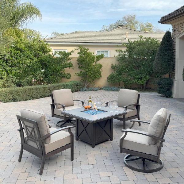 Atlantis 5 Pc Aluminum Fire Pit Seating Set w/ 2 Club Chairs & 2 Swivel Rocker Club Chairs in Walnut/Beige by Darlee