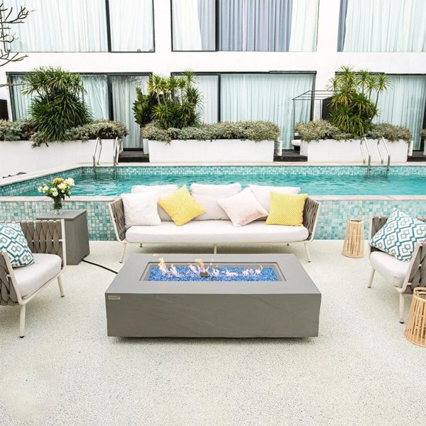 Meteora 56 Inch Rectangular Concrete Propane Fire Pit Table in Gray by Elementi