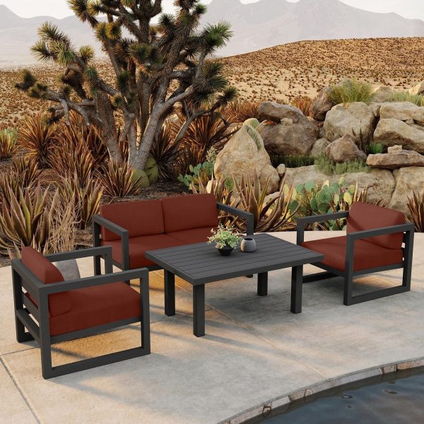 Misty Cove 4 Pc Aluminum Seating Set w/ Classic Chat Table Slate/Canvas Henna by Lakeview Outdoor Designs