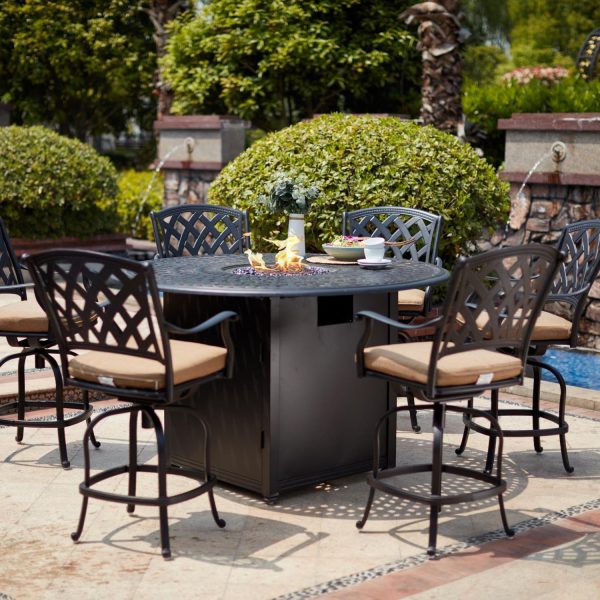 Ocean View 7 Pc Cast Aluminum Counter Height Fire Pit Dining Set w/ 60 Inch Round Signature Table in Antique Bronze/Sesame by Darlee