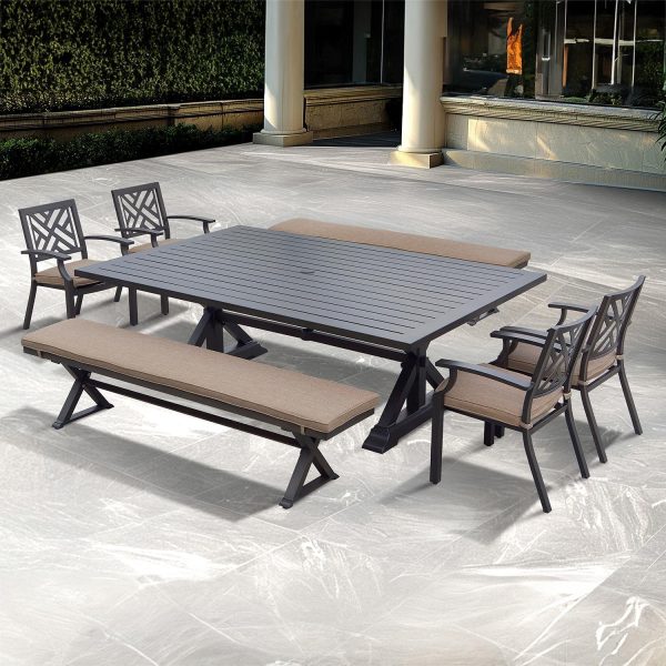 Brooklyn 7 Pc Aluminum Dining Set w/ 88 X 59 Inch Rectangular Table w/ Benches & 4 Arm Chairs in Multi Brown/Sesame by Darlee