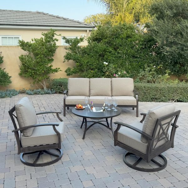 Atlantis 4 Pc Aluminum Seating Set  w/ Sofa, 2 Swivel Rocker Club Chairs & Ice Bucket in Walnut/Beige by Darlee