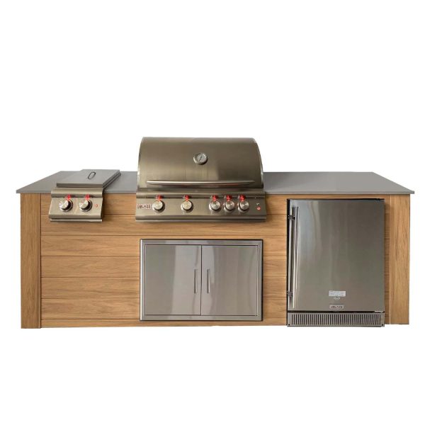 Pro-Fit 8-Foot Outdoor Kitchen Island W/ Blaze LTE 32-Inch Propane Gas Grill, Double Side Burner & Refrigerator - Golden Cypress / Grigio Cemento Satin
