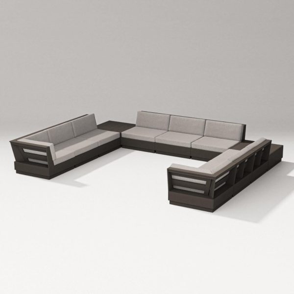 Elevate 11 Pc U-shaped Recycled Plastic Sectional Seating Set in Vintage Coffee/Weathered Tweed By PW Designer Series