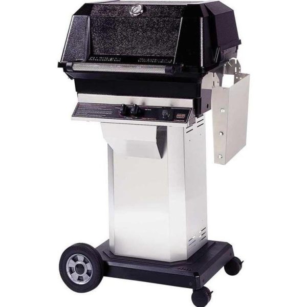 MHP JNR4DD Propane Gas Grill With Stainless Steel Shelves And Stainless Grids On Stainless Cart
