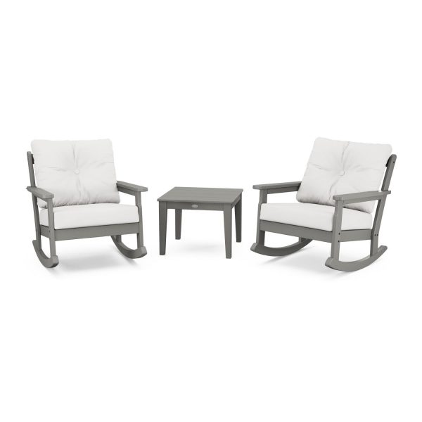 Vineyard 3 Pc Recycled Plastic Rocking Chair Set in Slate Gray/Natural Linen by POLYWOOD