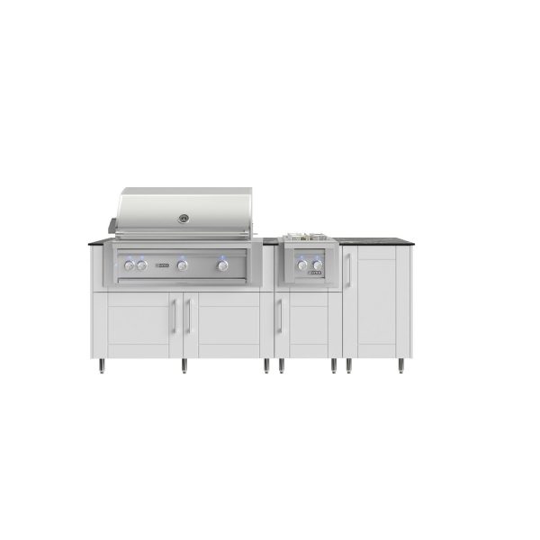 WeatherStrong Abaco 7 Ft Outdoor Kitchen Island w/ Lynx Propane Grill & Side Burner in Shell White/Midnight Ice