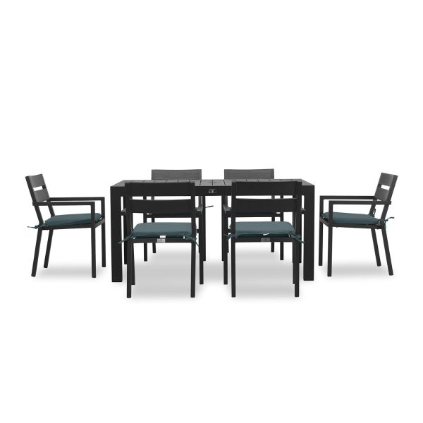 Calm Bay Classic 7 Pc Rectangular Aluminum Dining Set in Black/Cast Lagoon by Lakeview Outdoor Designs