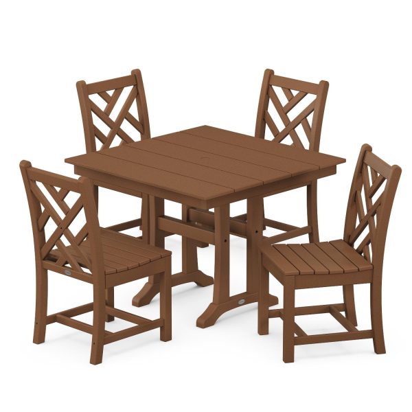 POLYWOOD Chippendale 5-Piece Farmhouse Trestle Side Chair Dining Set  - Teak