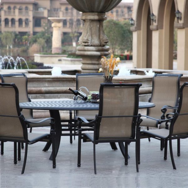 Monterey 9 Pc Cast Aluminum Dining Set w/ 78 X 59 Inch Oval Series 99 Table in Antique Bronze/Irish Mix by Darlee
