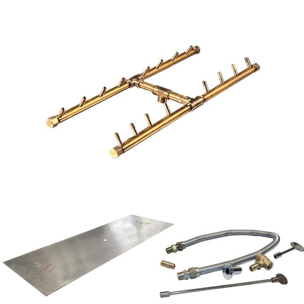 Warming Trends 34 X 17-Inch Linear Natural Gas Fire Pit Burner Kit W/ 24 X 9-Inch H-Style CROSSFIRE Brass Burner - Match Light Ignition - CFBH160NGALPL3417FK1
