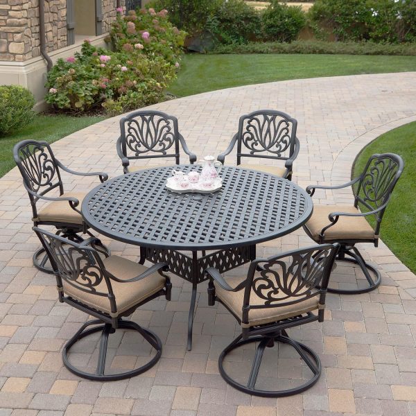 Elisabeth 7 Pc Cast Aluminum Dining Set w/ 64 Inch Series 30 Table & Swivel Rockers in Antique Bronze/Sesame by Darlee