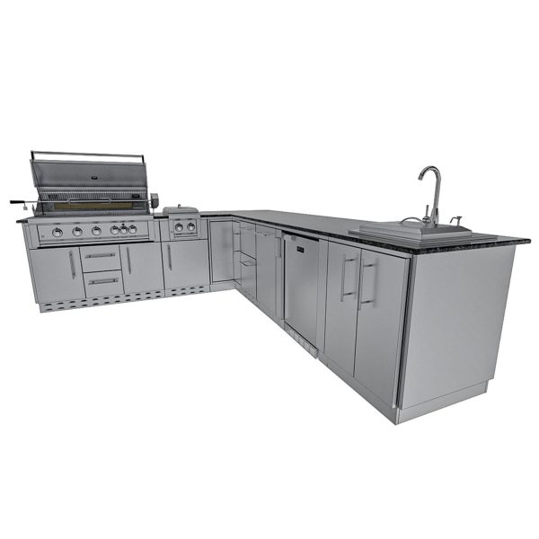 Sunstone Grills Rancher 11 Ft Outdoor Kitchen Island w/ Natural Gas Grill & Side Burner, Sink, Refrigerator, Trash Bin, Door & Drawer