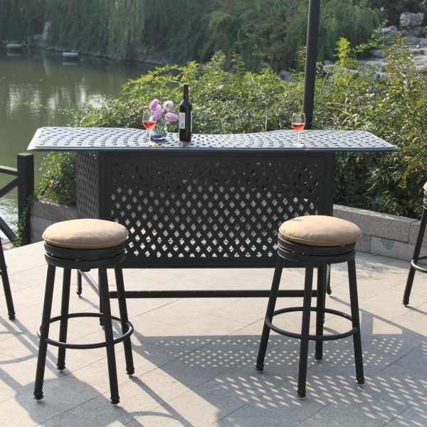 Classic 5 Pc Cast Aluminum Bar Set w/ 82 X 30 Inch Series 60 Party Bar & Swivel Bar Stools in Antique Bronze/Sesame by Darlee