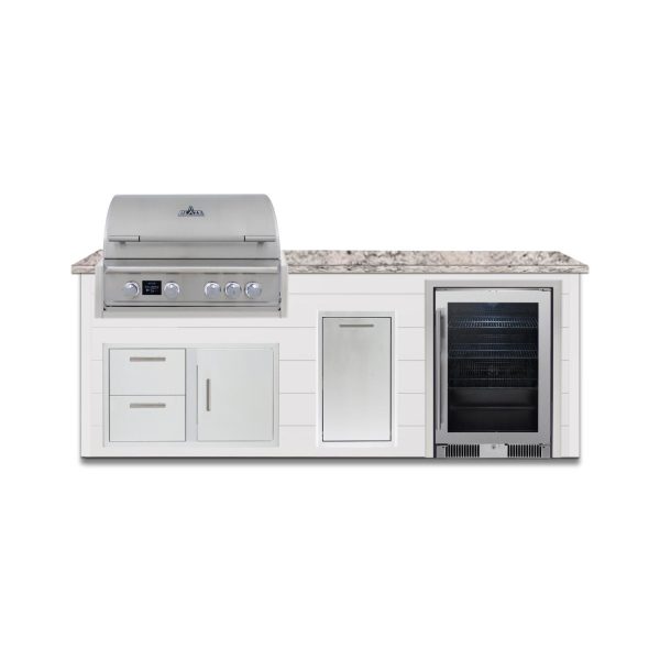 BBQGuys Signature 8 Ft Outdoor Kitchen Island w/ 32 Inch Natural Gas Blaze LTE PRO Grill, Beverage Center & Narrow Trash Bin | Crystal White w/ White Granite