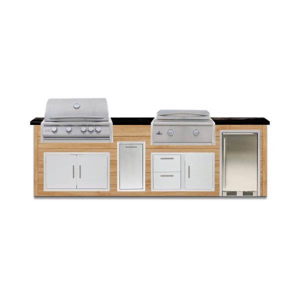BBQGuys Signature 10 Ft Outdoor Kitchen Island w/ 32 Inch Propane Blaze LTE+ Grill & Griddle & Narrow Trash Bin | Sun Bleached Oak w/ Titanium Granite