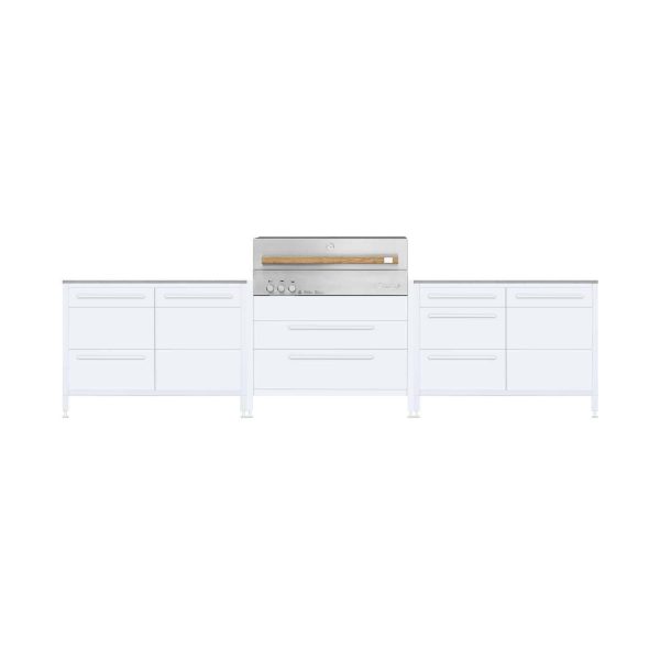 Burnout BBQ Modular Front - Lit Outdoor Kitchen Island w/ Flammkraft Model D Built-In Grill, Triple Drawers, Propane Pullout, and Pullout Waste Bins - Pure
