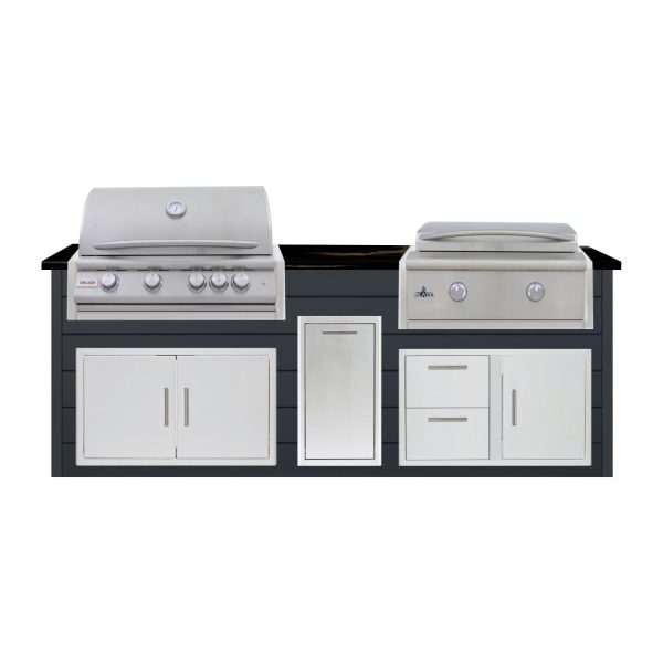 BBQGuys Signature 8 Ft Outdoor Kitchen Island w/ 32 Inch Propane Blaze LTE+ Grill & Griddle & Narrow Trash Bin | Asphalt Gray w/ Titanium Granite