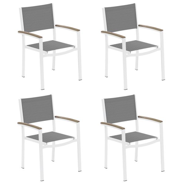 Travira 4 Pc Composite Sling & Aluminum Dining Chair W/ Vintage Tekwood Arm Caps in Chalk/Titanium By Oxford Garden