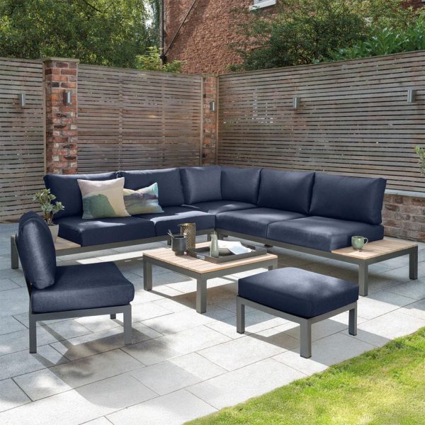Elba 6 Pc Aluminum/Teak Corner Seating Set in Spectrum Indigo By KETTLER