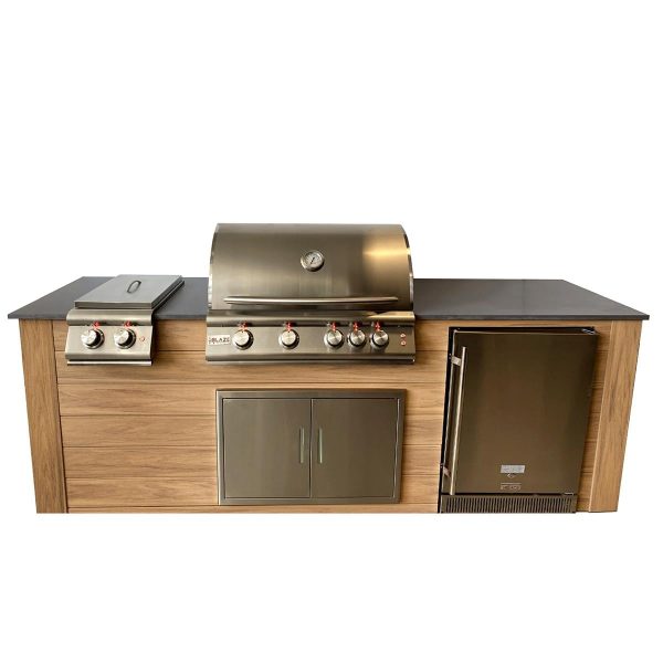 Pro-Fit 8-Foot Outdoor Kitchen Island W/ Blaze LTE 32-Inch Natural Gas Grill, Double Side Burner & Refrigerator - Golden Cypress / Grigio Piombo Satin