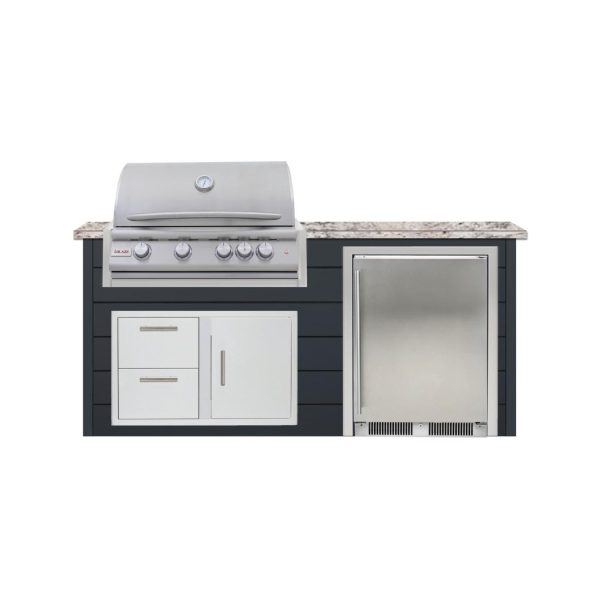 BBQGuys Signature 6 Ft Outdoor Kitchen Island w/ 32 Inch Natural Gas Blaze LTE+ Grill & Refrigerator | Asphalt Gray w/ White Granite