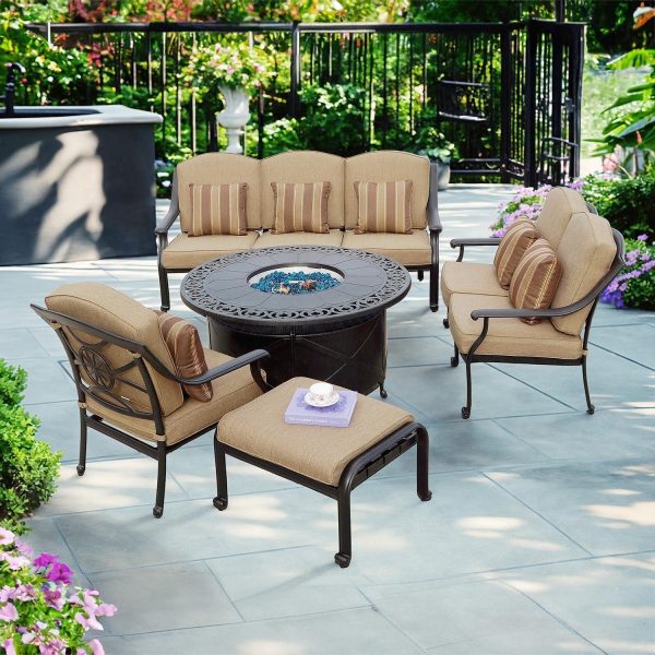 Ten Star 5 Pc Cast Aluminum Fire Pit Seating Set w/ 47 Inch Table & Throw Pillows in Antique Bronze/Sesame by Darlee