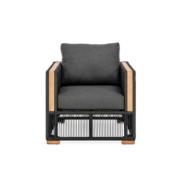 Breeze Olefin Rope & Teak Patio Club Chair in Charcoal/Carbon By Teak + Table