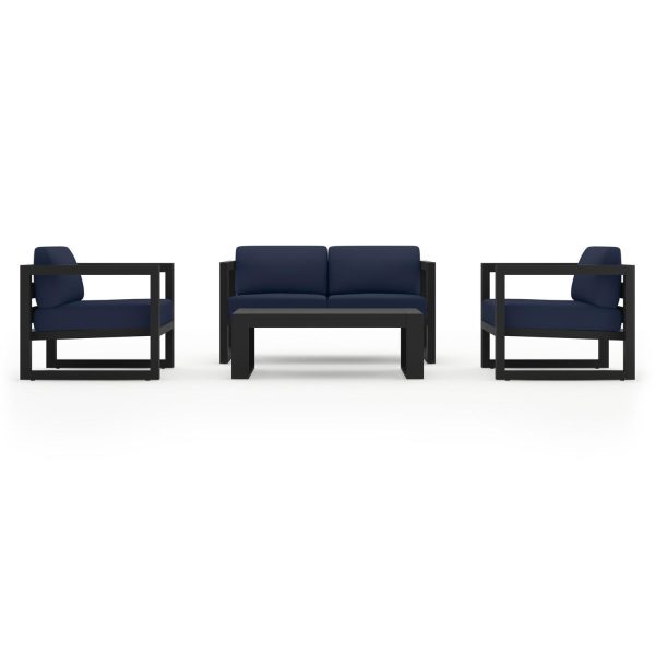 Misty Cove 4 Pc Aluminum Seating Set w/ Portal Coffee Table in Black/Spectrum Indigo by Lakeview Outdoor Designs